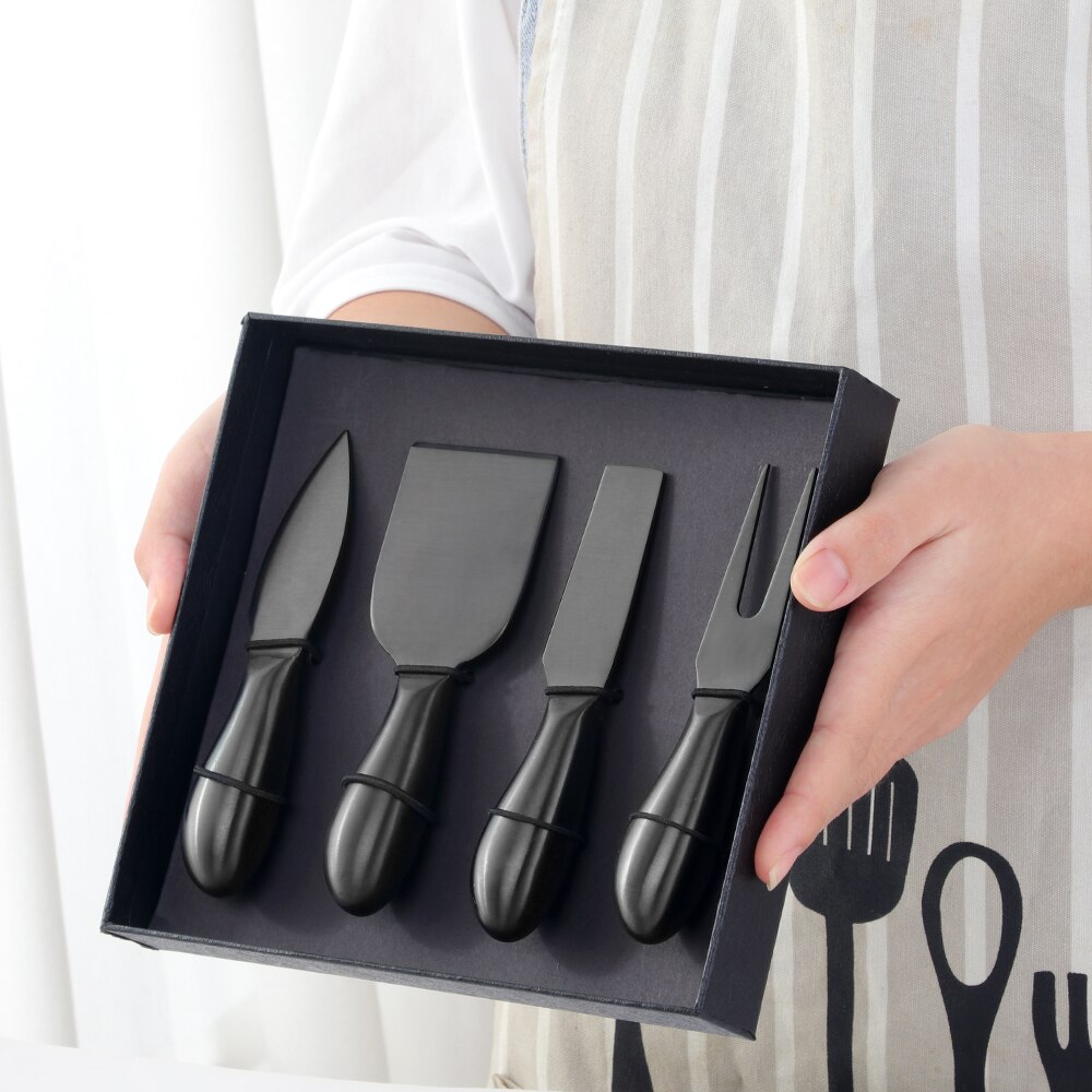 Outil à fromage en or, trancheur, couteau râpes à fromage, outils de cuisine, spatule à gâteau, couteau à beurre, ensemble de 4 pièces: Black with box