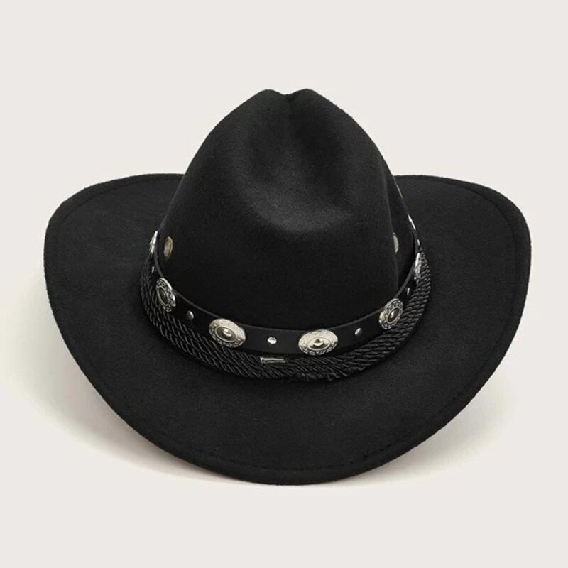 ESTILO OCCIDENTAL negro Sombrero vaquero de lana para mujeres chica enrolladas ala vaquera Unisex Jazz ecuestre Sombrero tapa con Tauren cinta