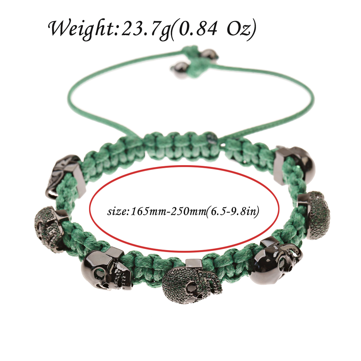 Pulsera trenzada a mano con calavera de circón para hombres y mujeres, cuentas de cobre, brazalete de cadena hecho a mano ajustable de Metal clásico