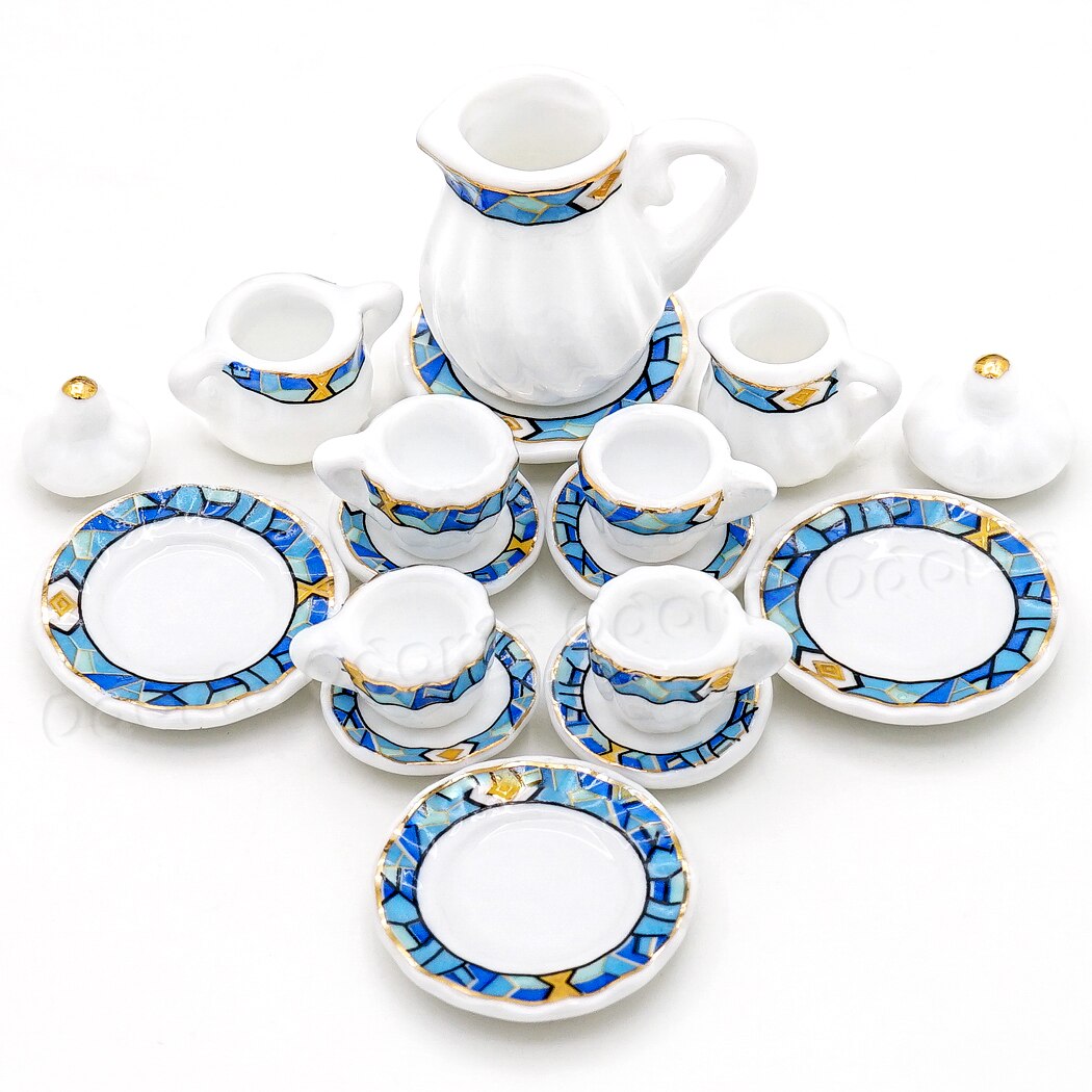 Odoria 1:12 Miniature 15pcs Porcelain Tea Cup Set Chintz Flower Tableware Kitchen Dollhouse Accessories Decor ( 14 Patterns ): Blue Mosaic
