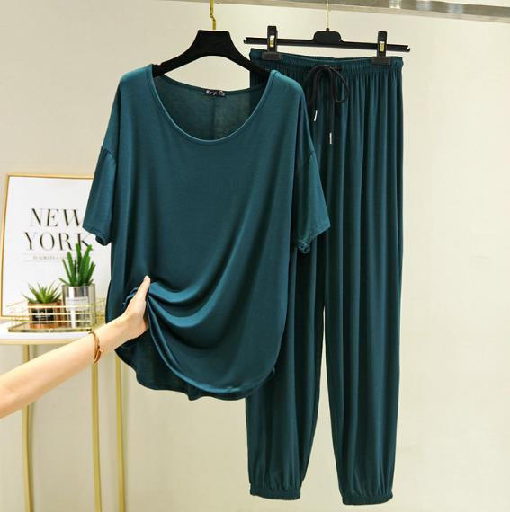 Pyjama ample grande taille pour femmes, vêtements de maison, ensemble deux pièces en coton, manches courtes, pantalon,: ink blue