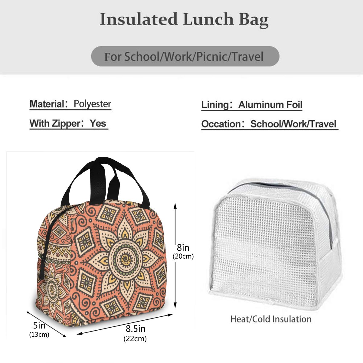 Sac de pique-nique pour hommes et femmes, Vintage, boîte à déjeuner, sac de nourriture isotherme à la , fourre-tout isotherme