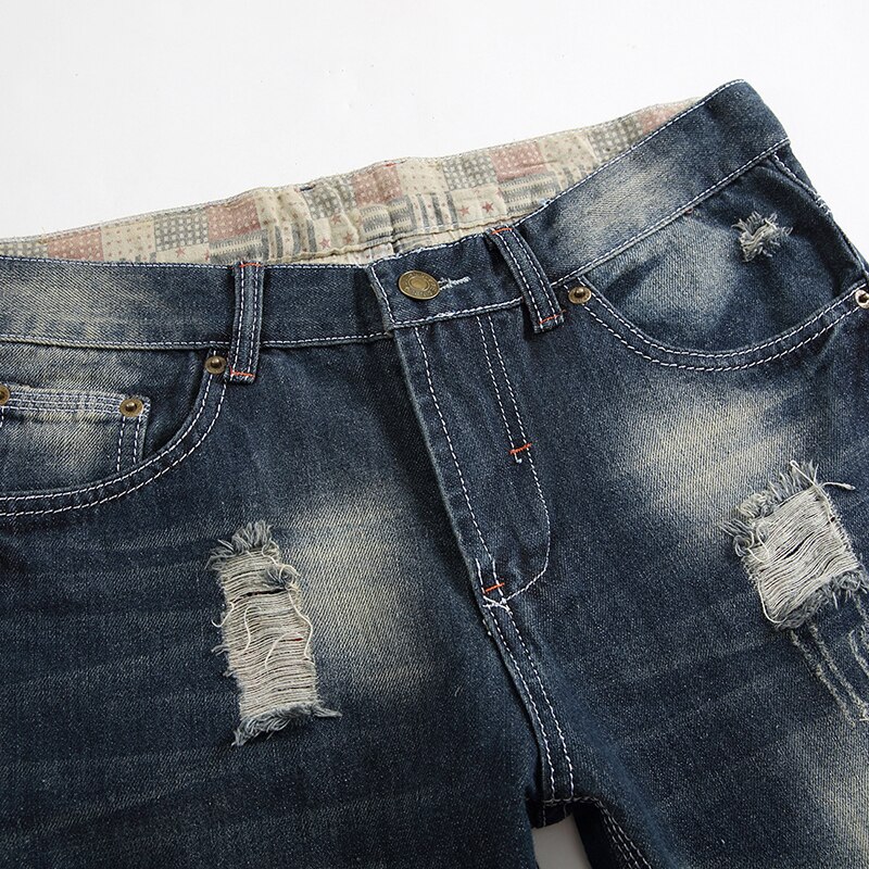 HMILY Ripped Biker Jeans Mens Distressed Denim Pants Man Torn Patches Stretch Jeans Men Blue Color Trousers