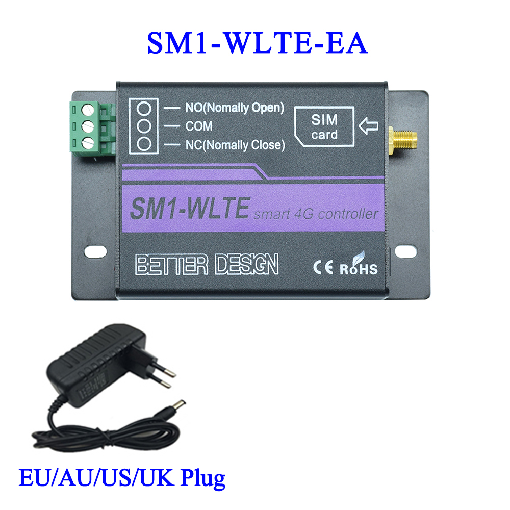 LTE 4G GSM Remote Power Switch 1 CH GSM Relay Controller SM1-WLTE SMS Call App Control Motor Lock Gate Opener: black