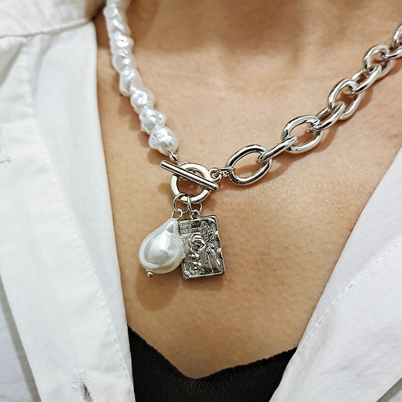Oregelbunden barock pärla guldkedja halsband kvinnor smycken vintage geometriskt hänge halsband för kvinnor tillbehör