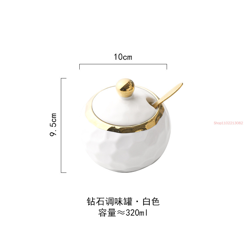 Gold-plated Ceramic Seasoning Jar with Lid Spoon Household Sugar Bowl Chili Box Kitchen Food Container Spice Organizer Rack