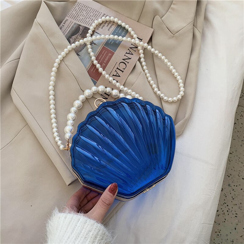 Acrylic Tote Transparent Shell bag PVC Women's Handbag Pearl strap Shoulder Messenger Bag: Blue
