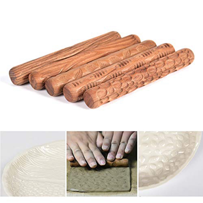 Rodillo de barro con textura de madera, herramientas de cerámica, talla de alfarería, patrón en relieve, varilla en relieve, rollo de barro, 5 uds.