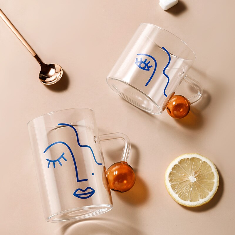 460ml Scale Glass Mug Breakfast Mlik Coffe Cup Household Couple Water Cup Ball Handle Pattern Drinkware Cups