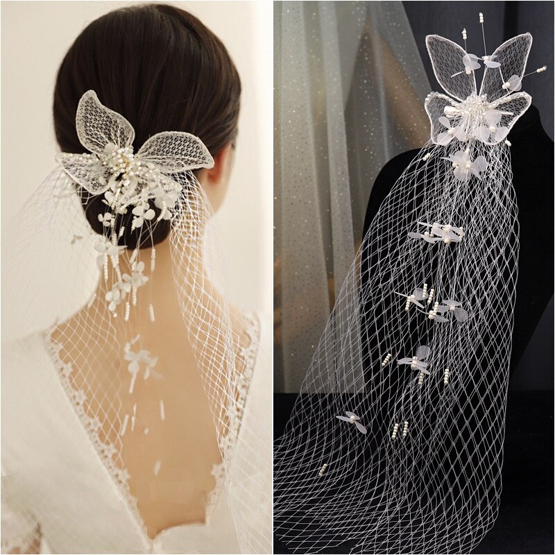 Mori koreaanse stijl prachtige zijden mesh sluier driedimensionale vlinder parelrand clip lange sluier trouwjurk haaraccessoires