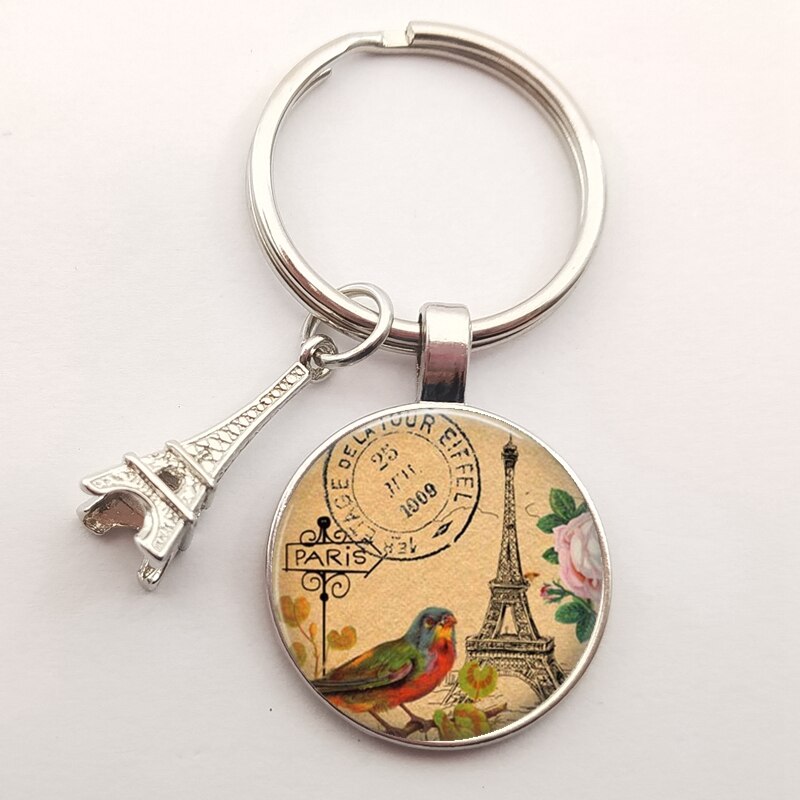 Romantic Paris Eiffel Tower Key Chains Art Lady Wander Drawing Glass Pendant Cute Keychain Keyring Women Bag Jewelry: Silver-38