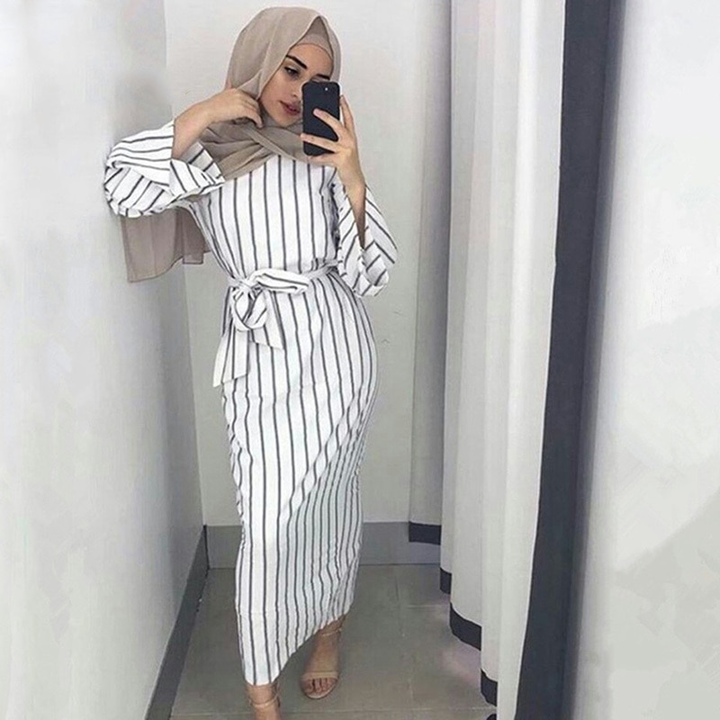 Muslimsk stripe lang maxi hijab arabisk kjole dubai abaya kappe kjoler kimono jubah ramadan arabisk islamske klær kaftan yukata