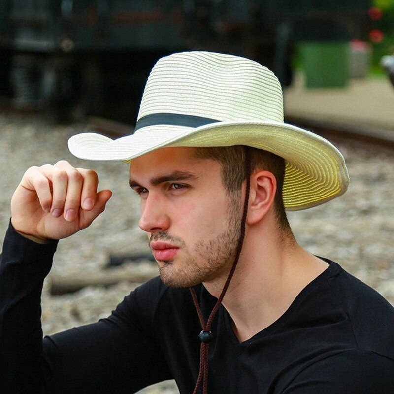 Men Straw Cowboy Hat Sun Hat Folding Western Wide Curved Brim With Adjustable Chin Strap Hat For Summer Outdoor: HT5196WT