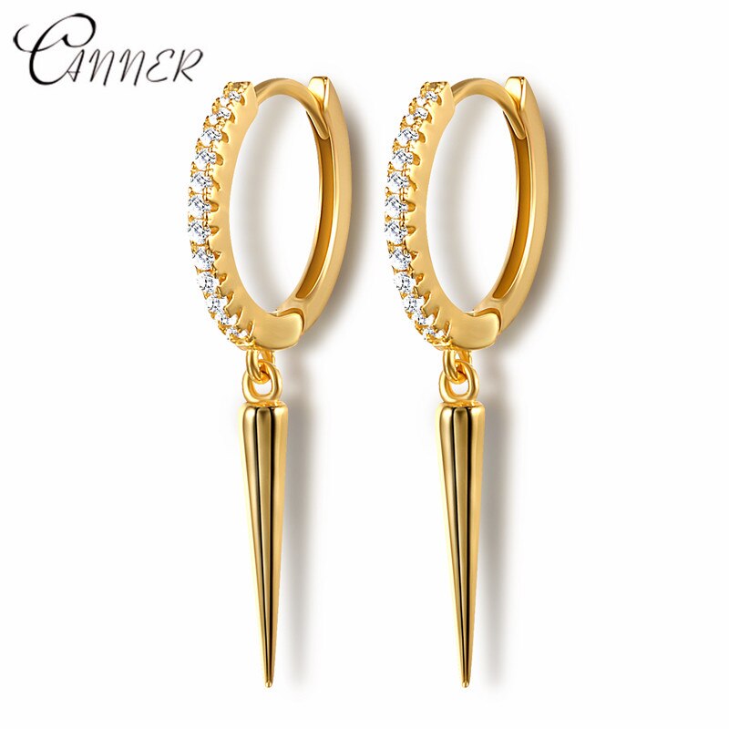 CANNER Punk Style Women's Earrings 100% 925 Sterling Silver Rivet Pendant Hoop Earrings for Women Single Row Crystal Earrings: gold