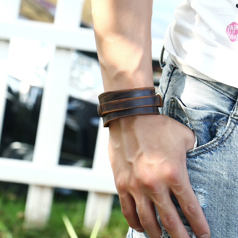 Pulseras de cuero marrón Vintage Punk para hombre y mujer, pulsera de doble capa, brazalete Ancho ajustable, joyería