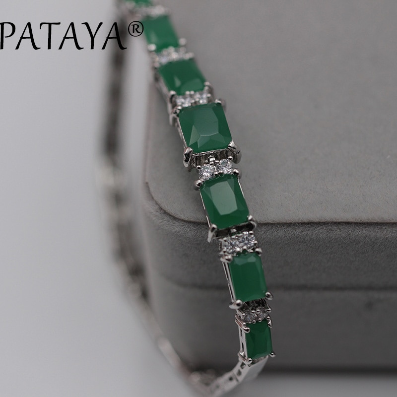 PATAYA Arrivals Single Row Green Square Natural Zircon Long Bracelets Women Wedding Jewelry True White Gold Link Bracelet 17