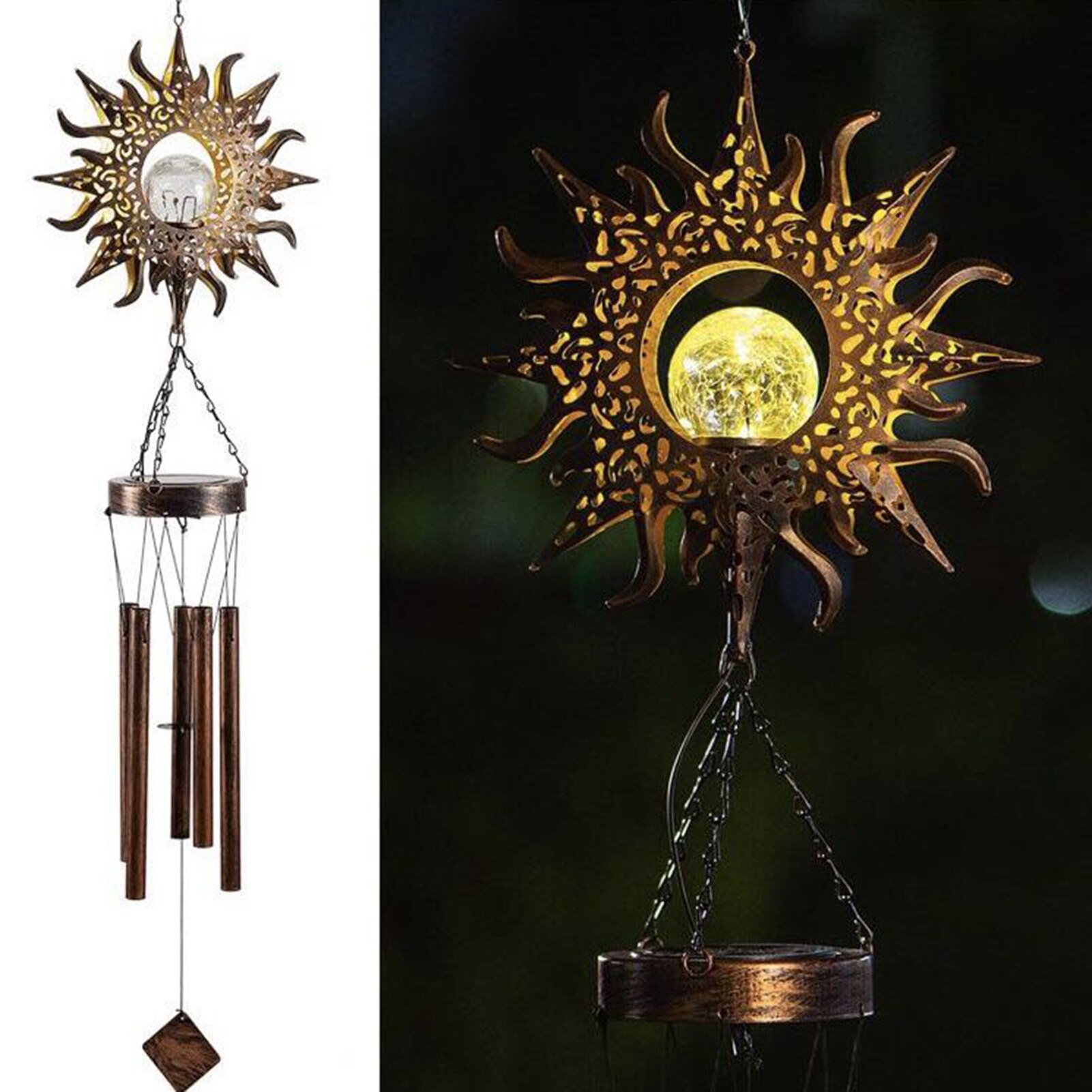 Solar Moon Sun Wind Chimes Garden LED Light Wind Chime Garden Iron Hollow Hanging Decoration Perfect