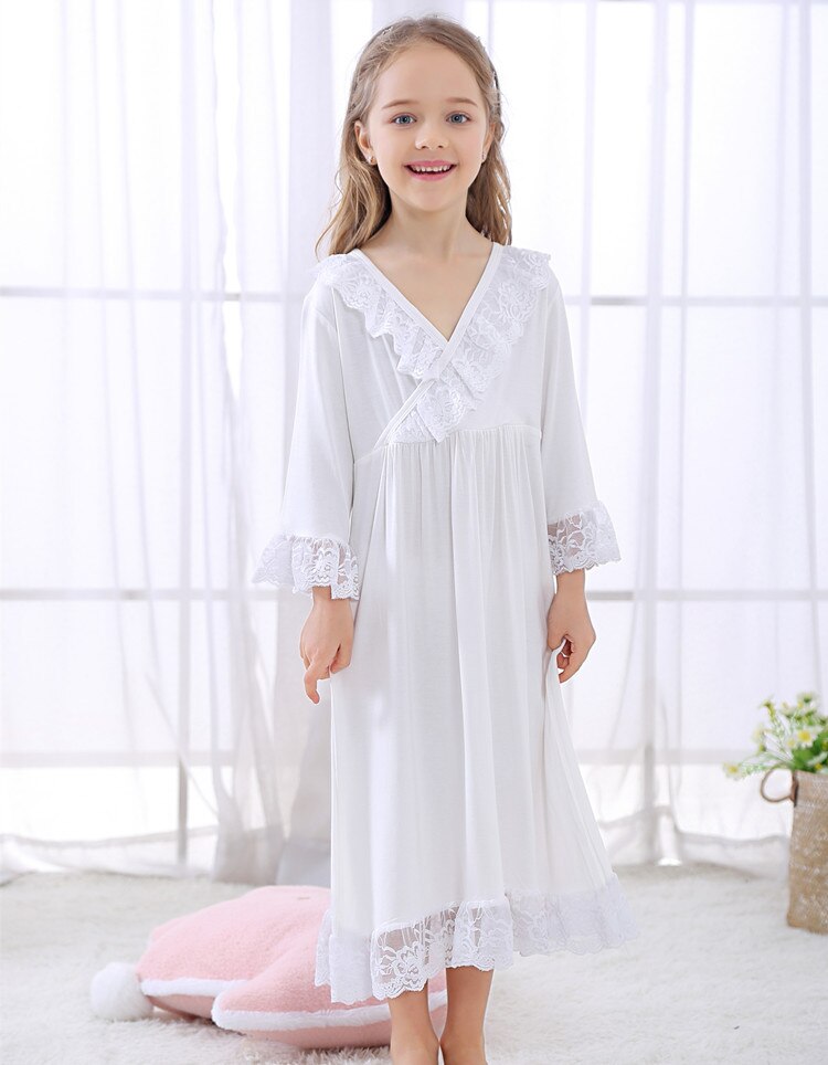 Camisón de encaje de algodón puro de punto para niña, pijama romántico de princesa de palacio francés, vestido de noche suave