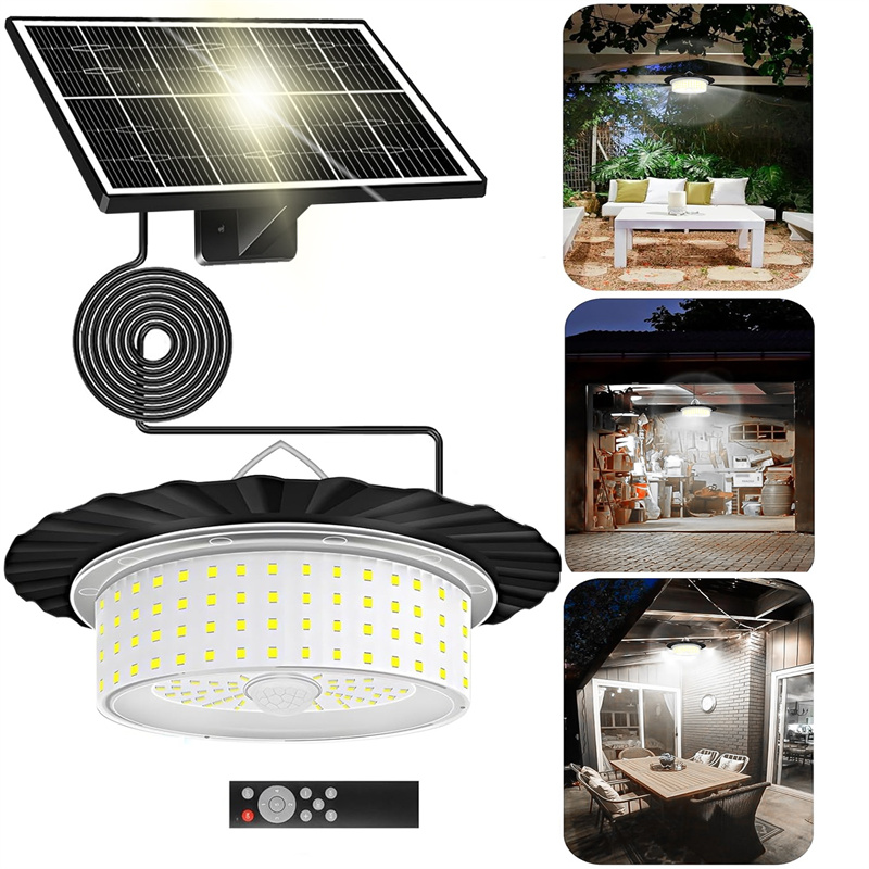 Luz solar para cobertizo interior y exterior, luz colgante 244LED, luz interior solar con sensor de movimiento con control remoto para garaje de patio doméstico