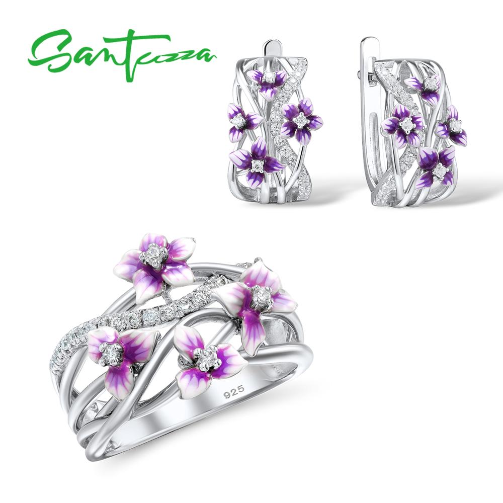 SANTUZZA Silber Schmuck einstellen für Frauen 925 Sterling Silber Lila Blume Ohrringe Ring einstellen modisch Feine Schmuck Handgemachte Emaille