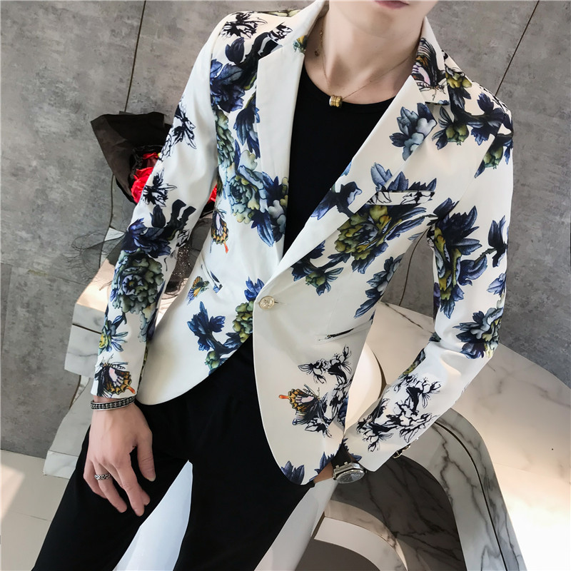 High-end personlighet blommig kostym jacka män, trend nattklubb frisör slim printed kostym, natt scen kostymer