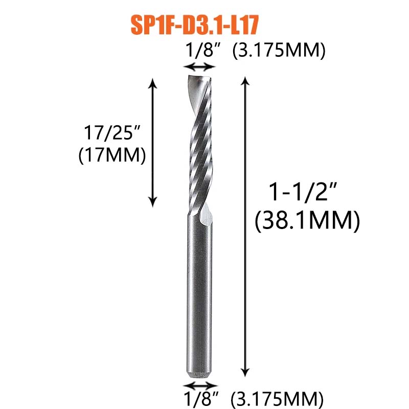 Dreanique 1pc Single Flute Spiral End Mill 1/8 1/4Inch Shank CNC Carbide Aluminum Inch Size Cutter for woodworking Acrylic ACM: 21mm