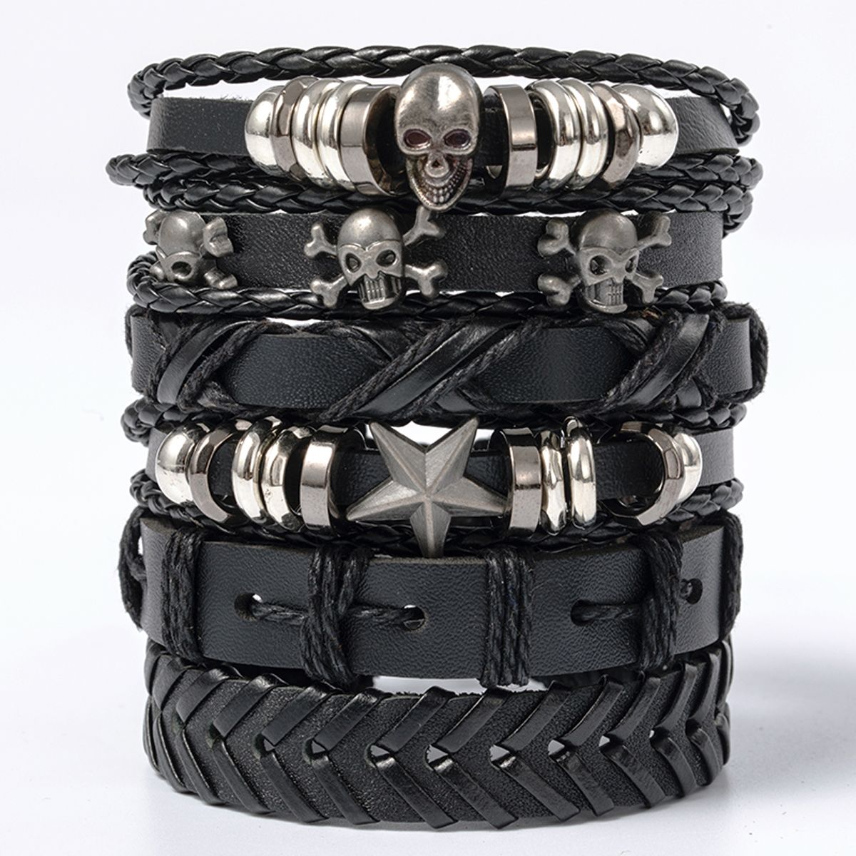 6 stks/set zwarte punk schedel & stervormige legering & pu lederen armband: green