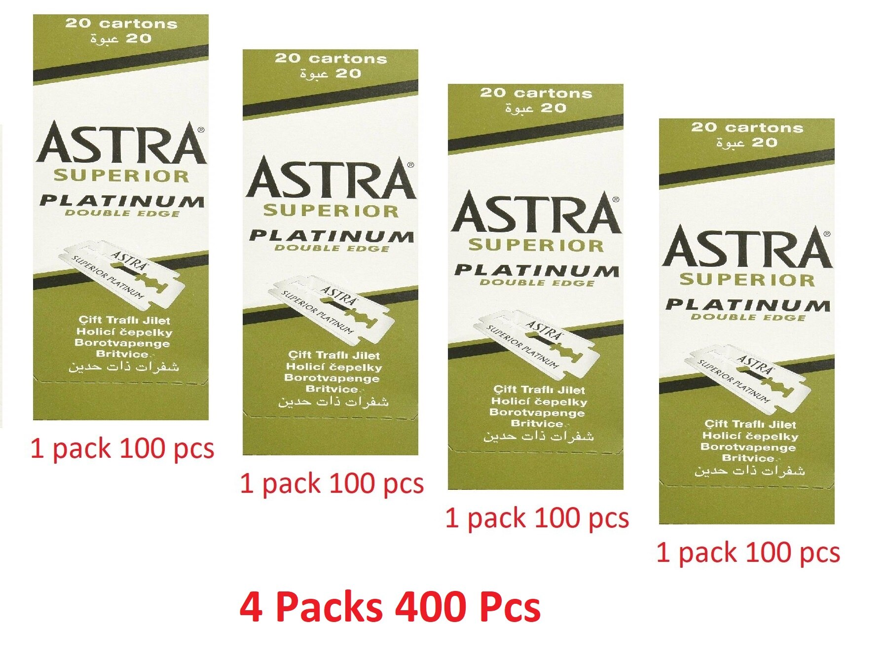 100 stk 100 astra superior barberblad platin dobbeltkantet sikkerhedsbarbering barberblad: 4 æsker 400 stk