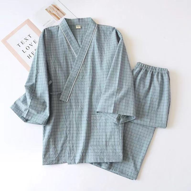 Pijama Kimono japonés para hombre, ropa de dormir de gasa de algodón, traje para casa de talla grande, pantalones de manga larga, primavera y otoño: color1 / M