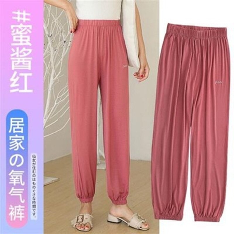 Sommer søvnunderdel kvinder modal lange bukser hjemmepyjamas bløde slipbukser stor størrelse afslappet nattøj: Rød