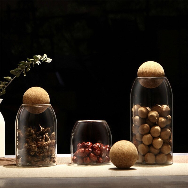 Bouteille ronde en verre de liège sans plomb, bocal scellé, stockage de noix, pot de grains de café rond transparent