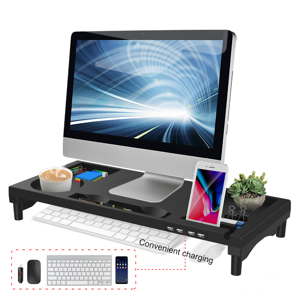 Soporte elevado para Monitor, caja de almacenamiento plegable con cajón para auriculares, carga USB: KM01
