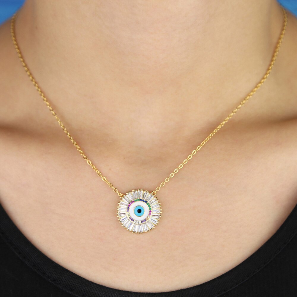 Cz Kettingen Turks Grote Witte Regenboog Stone Evil Eye Ronde Hanger Vrouwen Ketting Meisje Sieraden