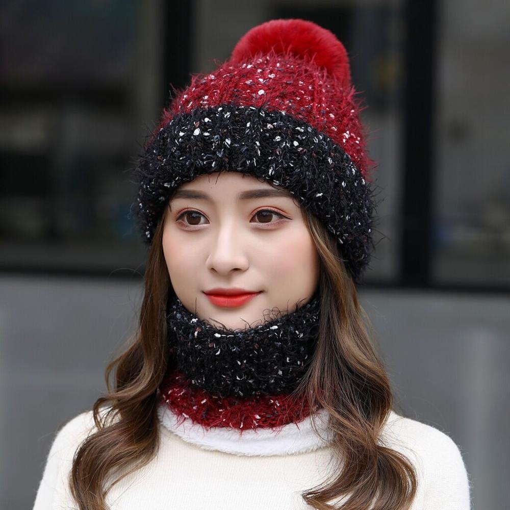 Strikket vinterhue tørklæde sæt til kvinder vindtæt tykke varme beanies og ring tørklæde kvindelige strikkede hat tilbehør piger: Rødvin