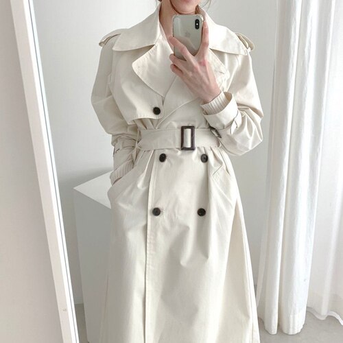 Gagarich dames trenchcoat in koreaanse stijl, chic, wit, grote revers, dubbele rij knopen, tailleband, slanke rechte lange jas, herfst: Default Title