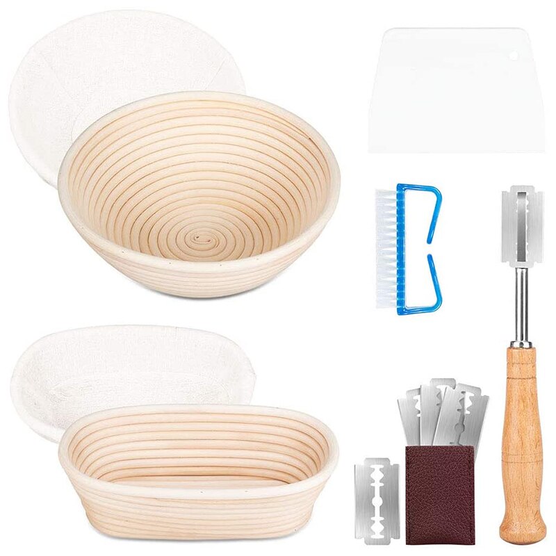 Banneton pan prueba cesta-fuente para hornear masa fuentes + pan Lame 5 cuchillas + espátula para masa + Lino Liner paño + cepillo de limpieza