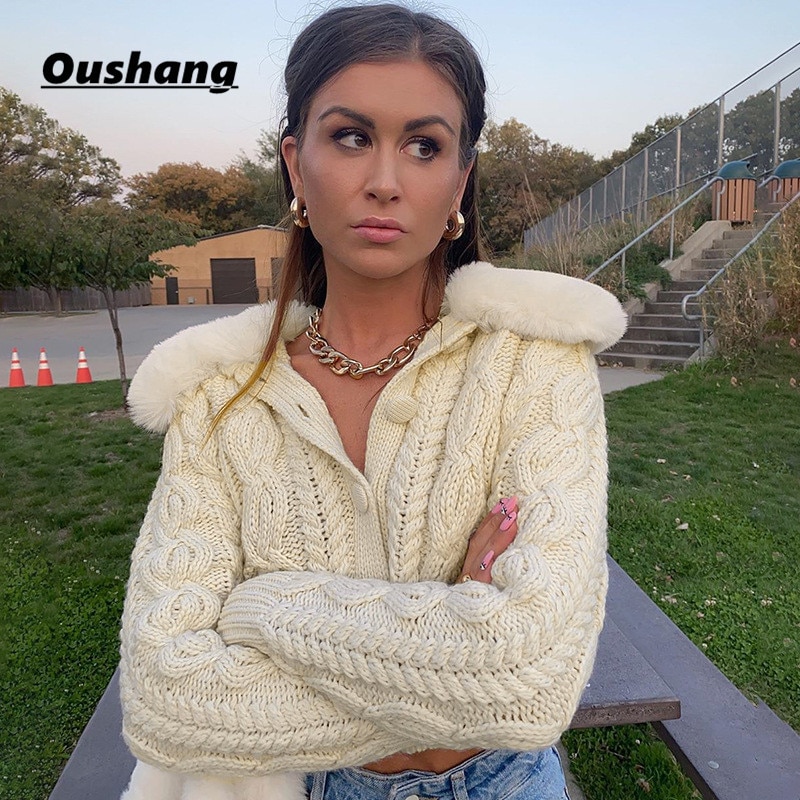 Kvinder cardigan trøjer hvid pels trim krave casual streetwear  y2k korte strik toppe varme vinter sweater toppe
