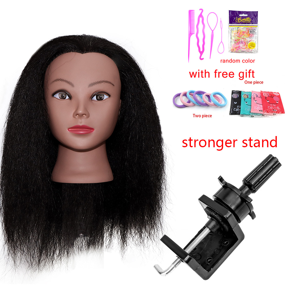 Afro Traininghead głowa manekina z ludzkimi włosami manekin lalka fryzjerstwo głowy treningowe Salon głowa manekina do zaplatania włosów: Dark Brown