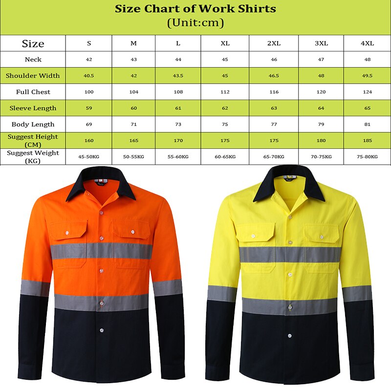 Mens Werk Shirt Lange Mouwen Veiligheid Werk Shirt Reflecterende Werkkleding 100% Katoen Oranje Navy Veiligheid Shirts Met Reflecterende Streep