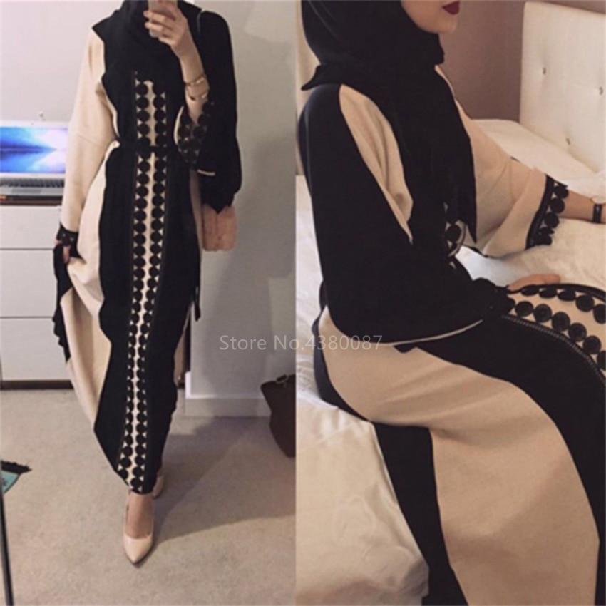 Muslimsk kjole islamisk tøj til kvinder mellemøsten duibai arabiske ramadan bøn blonder polka stiching abaya bælte kjole