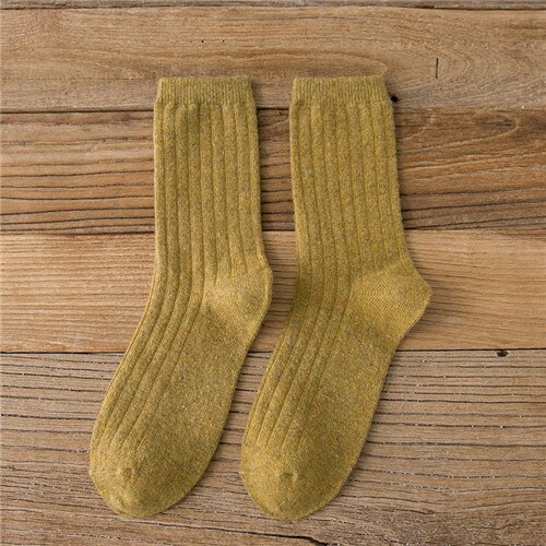 Chaozhu Herfst Winter Wol Dikker Warm Basic Effen Kleuren Sokken Rib Losse Gestapelde Basics Sokken Vrouwen: Goud