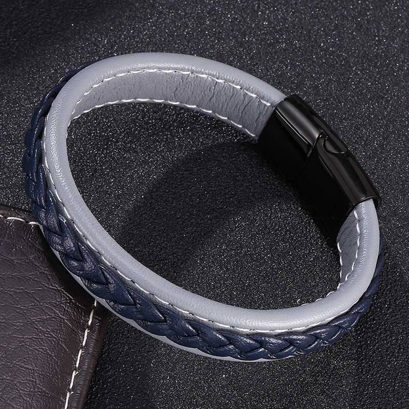 FORTAFY Men Punk Jewelry Gray &amp; Blue Braided Leather Bracelet for Mens Bracelets Stainless Steel Magnetic Clasp Wristband FR0011