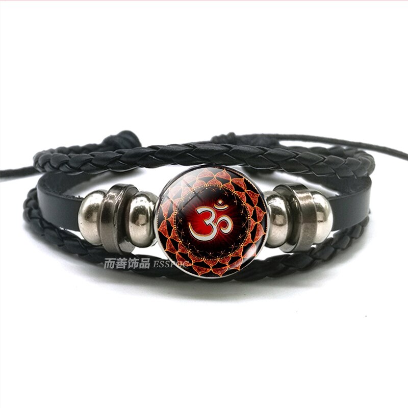 Pulsera de cuentas de 7 Chakras, brazalete de cuero negro con cabujón de cristal para meditación, joyería India para hombres y mujeres
