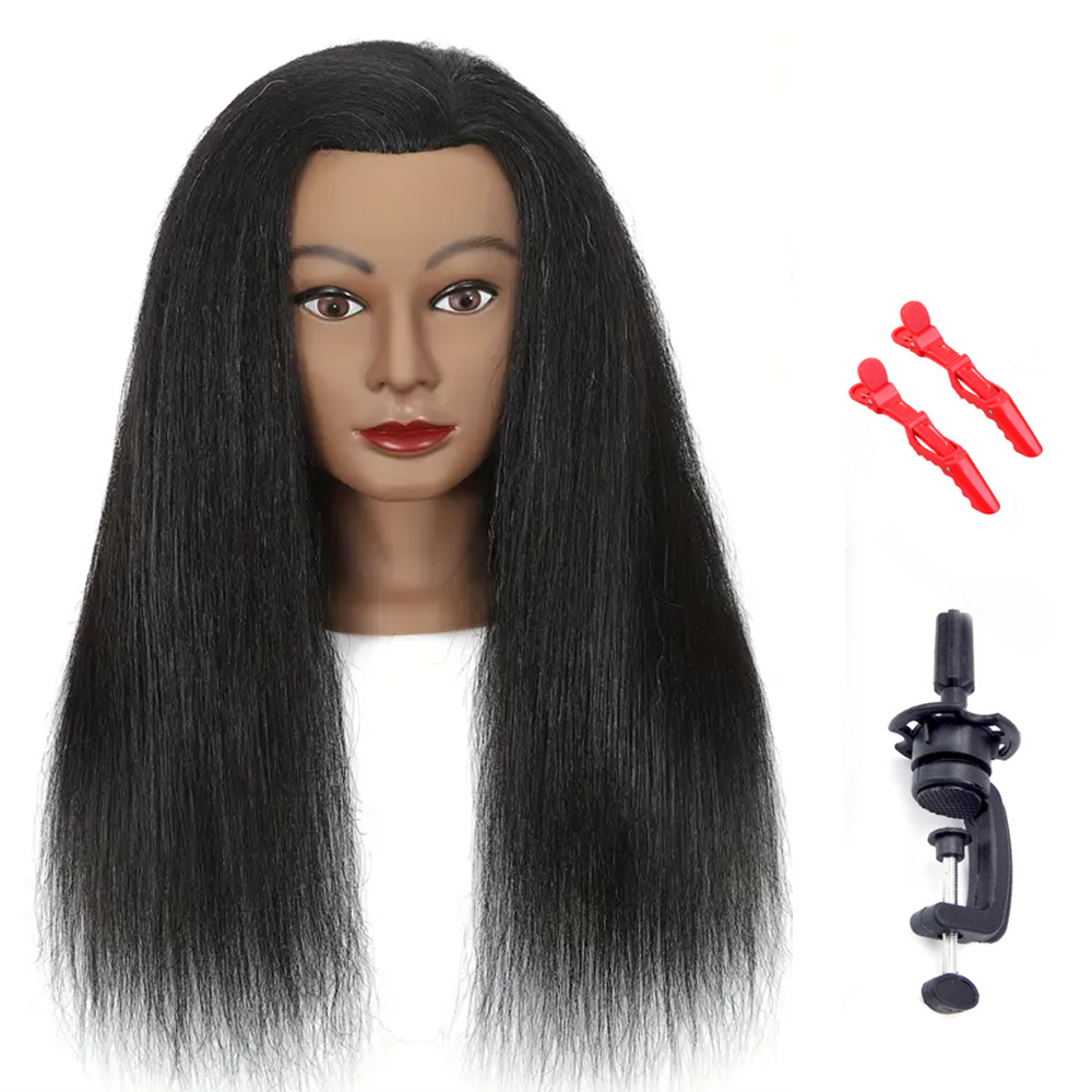 African Mannequin Head Real Hair Hairdresser Training Head With Tripod Manikin Cosmetology Doll Head For Braiding Styling: WHITE