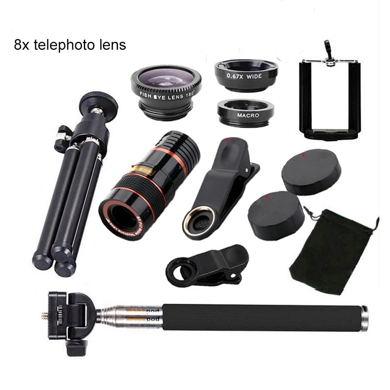 Universal Zoomable 8X Monocular Cell Mobile Zoom 10 In 1 Smartphone Camera Zoom Lens Clip Optical Telescope Kit Telephoto Lens