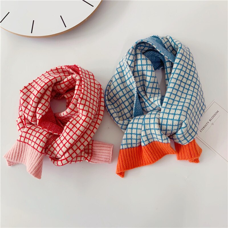 Kids Scarf Autumn Korean Version Children&#39;s Knitted Lattice Baby Bib Wool Knitting Winter Warm Girls Boys Scarves