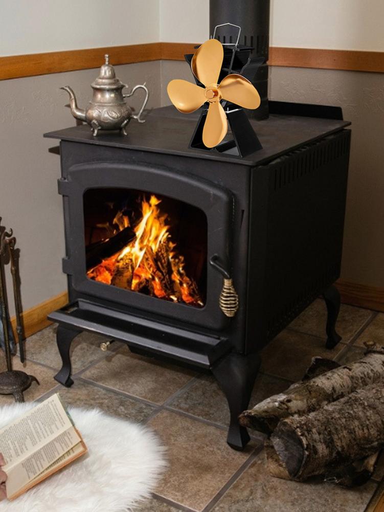 4 Blade Stove Fan - Quiet, Heat Powered Wood/Log Burner Fan - Eco Friendly Heat Circulation for Fireplaces Golden