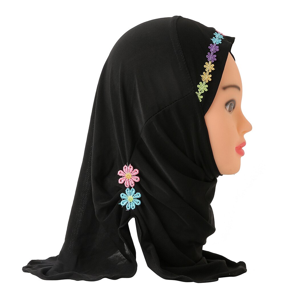 Chapeau de prière pour petite fille musulmane, une pièce, Hijab al-amira avec fleurs, couvre-cou islamique: 3