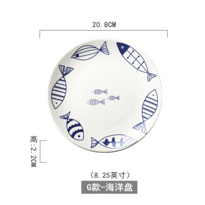 Blå og hvid keramisk salattallerken frugtbøf tallerken porcelænsservice rund western madbakke dessertretter: 5