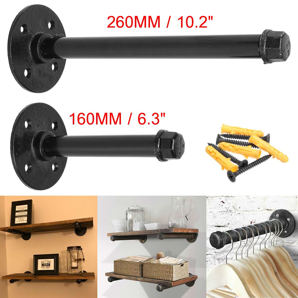 160mm/260mm Retro Black Iron Industrial Pipe Shelf Bracket Mounting Bracket Holder Storage Holders Racks Home Decor